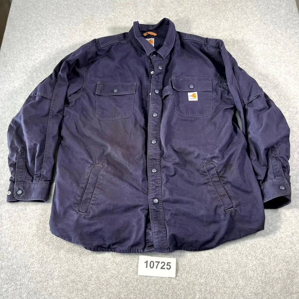 Carhartt Jacket Mens XL Blue Cotton Flame Resistant Workwear Collared Snap Front